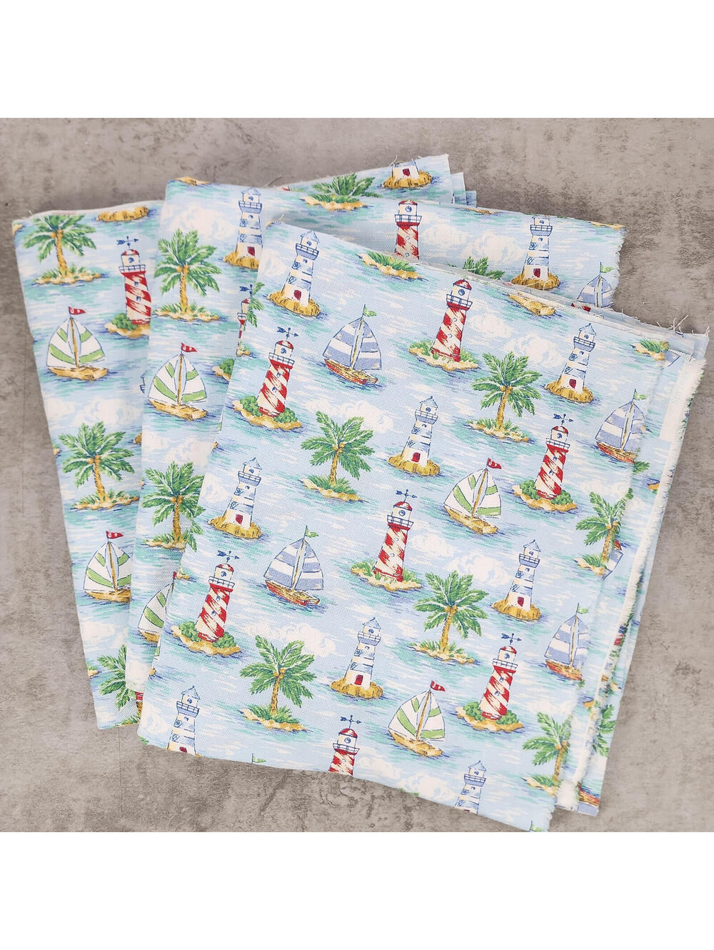 Lighthouse & Sailboat Pattern Cotton Fabric Remnants, 3 pieces (51.5×45.5 in)